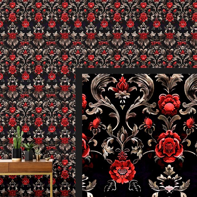 Red & Bronze on Black Dramatic Gothic Damask Wallpaper (Creator Uploaded)