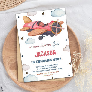 Red Brown Airplane Birthday Invitations