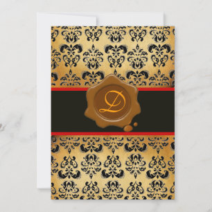 RED BROWN AND BLACK DAMASK ,WAX SEAL MONOGRAM INVITATION
