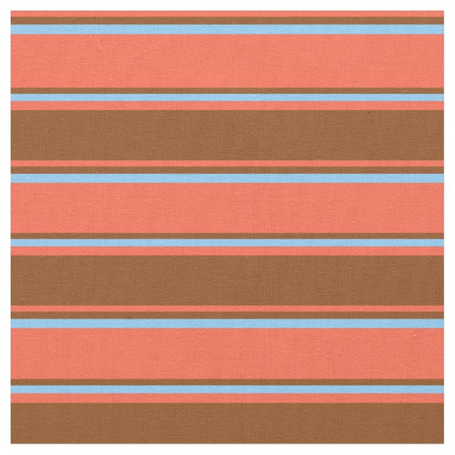Red, Brown, and Light Sky Blue Lined Pattern Fabric (Close Up)