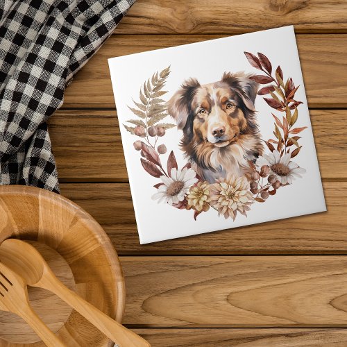 Red Brown Australian Shepherd Dog Autumn Wreath Ceramic Tile