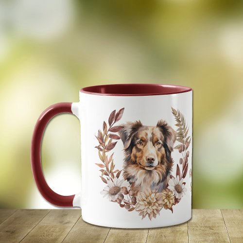 Red Brown Australian Shepherd Dog Autumn Wreath Mug