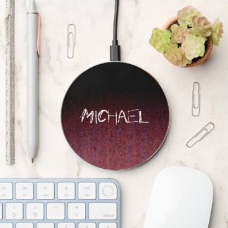 Red Brown Black Ombre Rust Metal Custom name Wireless Charger