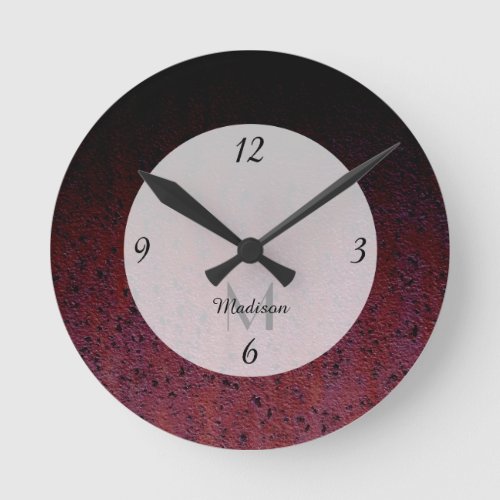 Red Brown Black Ombre Rust Metal Patina Monogram Round Clock