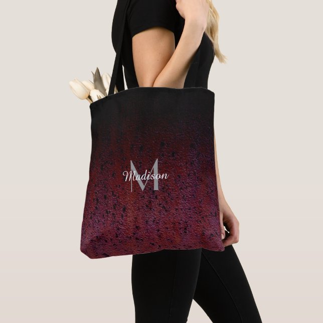 Red Brown Black Ombre Rust Metal Patina Monogram Tote Bag (Close Up)