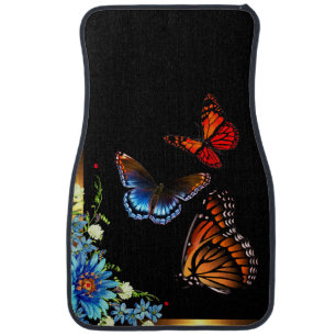 Red, Brown, Blue Butterflies, Blue Flower on Black Car Floor Mat