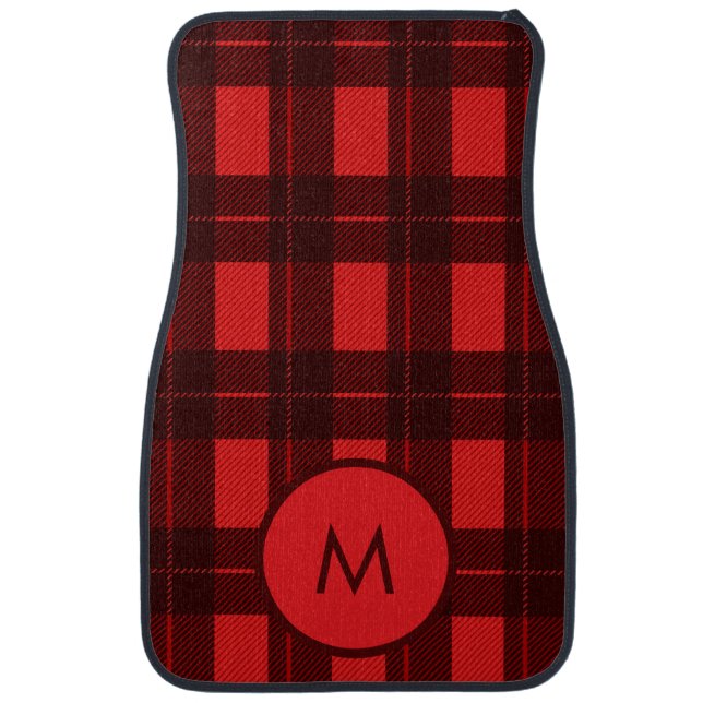 Red Brown Bold  Buffalo Plaid Monogram Initial Car Floor Mat (Front)