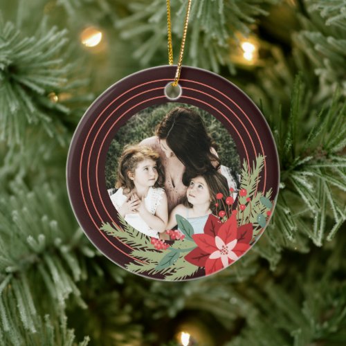 Red Brown Circle Christmas Photo Poinsettia Floral Ceramic Ornament