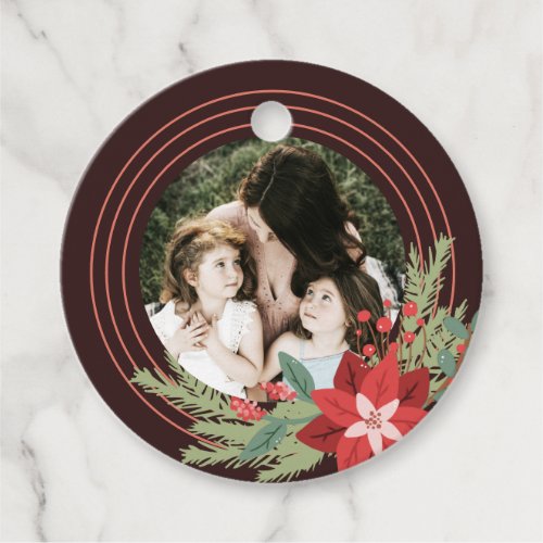 Red Brown Circle Christmas Photo Poinsettia Floral Favor Tags