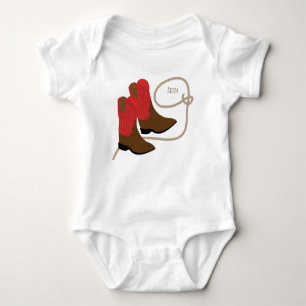 Red & Brown Cowboy Boots & Lasso, Personalized Baby Bodysuit