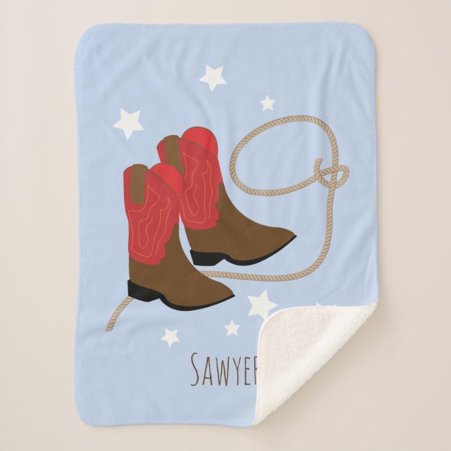 Red & Brown Cowboy Boots & Rope, Personalized Sherpa Blanket (Front)