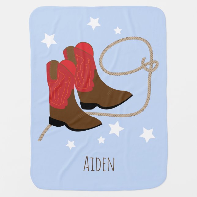 Red & Brown Cowboy Boots & Rope, Personalized Swaddle Blanket (Front)
