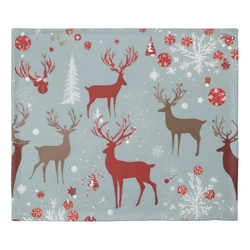 Red Brown Deers Red White Decorations Snowflakes Duvet Cover