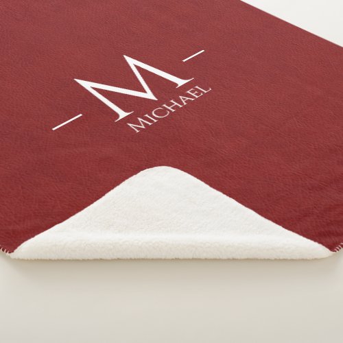 Red Brown Faux Leather Custom Monogram Name Large Sherpa Blanket