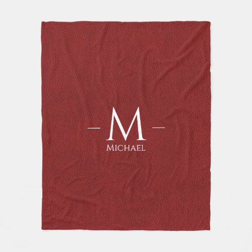 Red Brown Faux Leather Monogram Name Custom Fleece Blanket