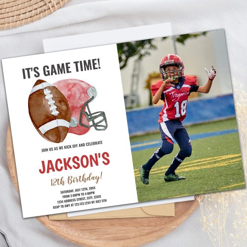 Red Brown Football Birthday Invitations with photo