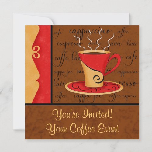 Red Brown Gold Espresso Coffee Art Custom Name Invitation