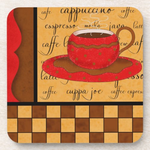 Red Brown Gold Whimsy Coffee Cup Art Coaster