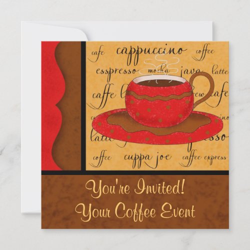 Red Brown Gold Whimsy Coffee Cup Art Custom Name Invitation