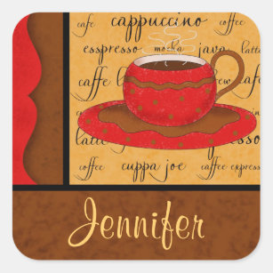 Red Brown Gold Whimsy Coffee Cup Art Custom Name Square Sticker