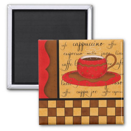 Red Brown Gold Whimsy Coffee Cup Art Magnet