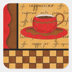 Red Brown Gold Whimsy Coffee Cup Art Square Sticker