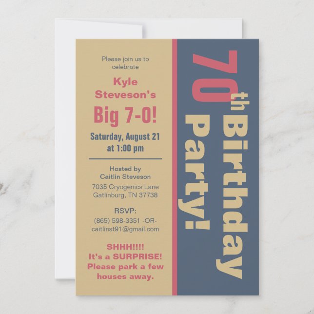 Red, Brown, & Gray 70th Birthday Party Invitation (Front)