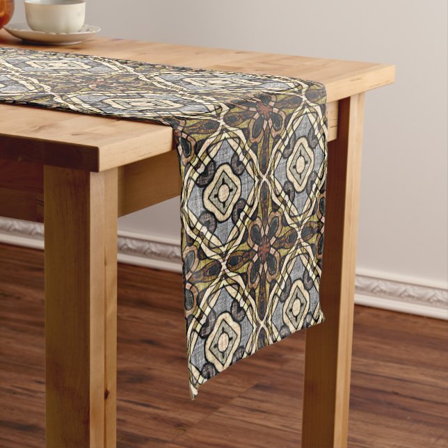 Red Brown Gray Ochre Hip Bohemian Bali Art Motif Short Table Runner (In Situ)