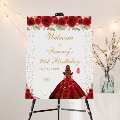 Red Brown Hair Girl Birthday Party Welcome Foam Board