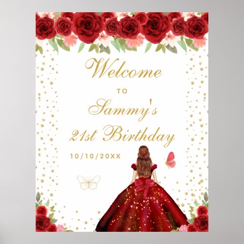 Red Brown Hair Girl Birthday Party Welcome Poster