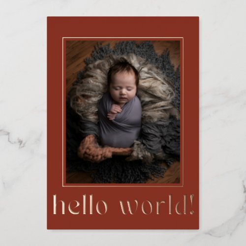 Red Brown Hello World Photo Birth Announcement