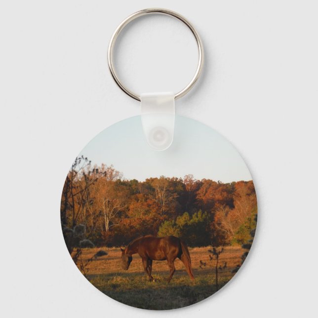 Red  Brown horse, autumn woods. Keychain (Front)
