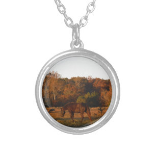 Red  Brown horse, autumn woods. Silver Plated Necklace
