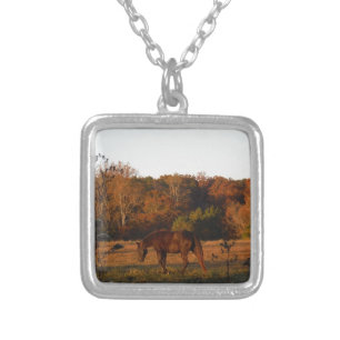 Red Brown horse, autumn woods. Silver Plated Necklace