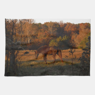 Red  Brown horse, autumn woods. Towel