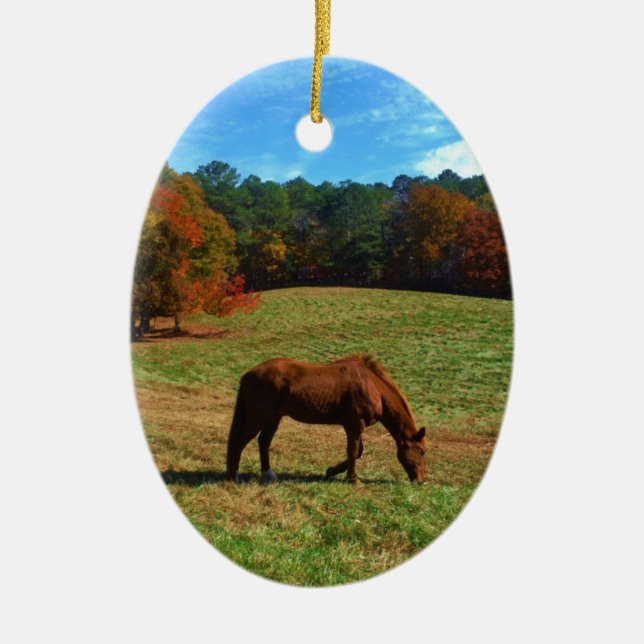 Red Brown horse, fall trees, blue skies Ceramic Ornament (Front)