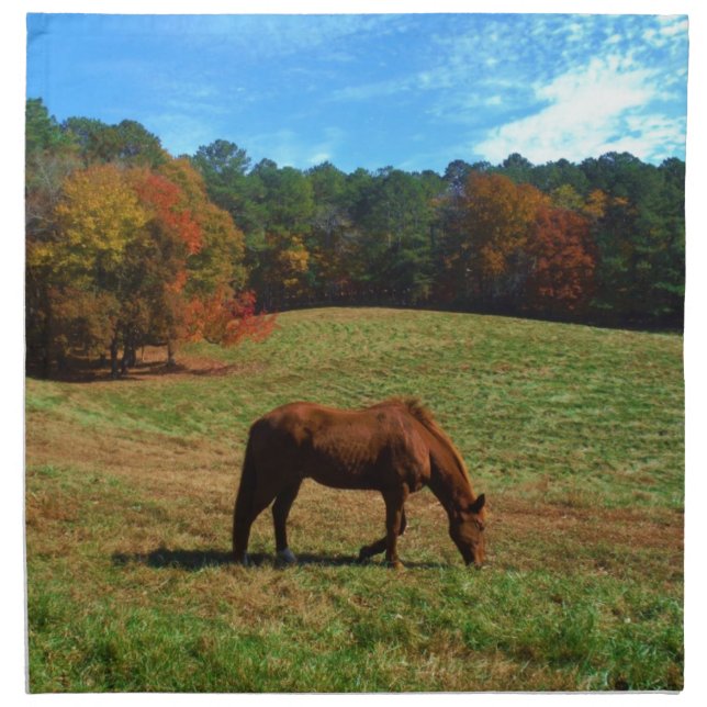 Red Brown horse, fall trees, blue skies Cloth Napkin (Front)