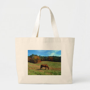Red Brown horse, fall trees, blue skies Large Tote Bag