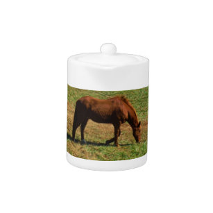 Red Brown horse, fall trees, blue skies Teapot