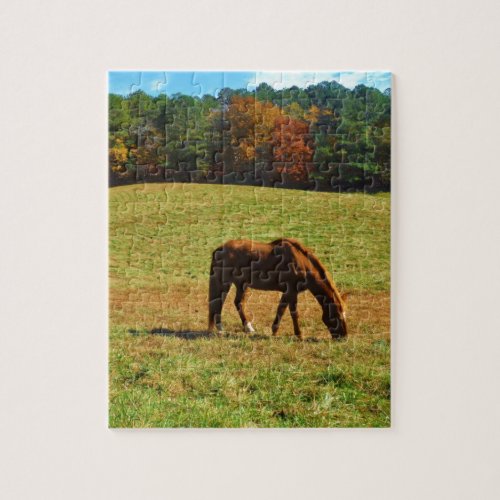 Red Brown horse in the  autumn trees Jigsaw Puzzle