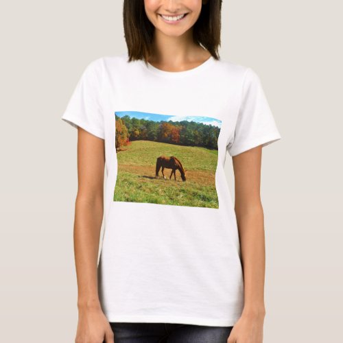 Red Brown horse in the  autumn trees T_Shirt