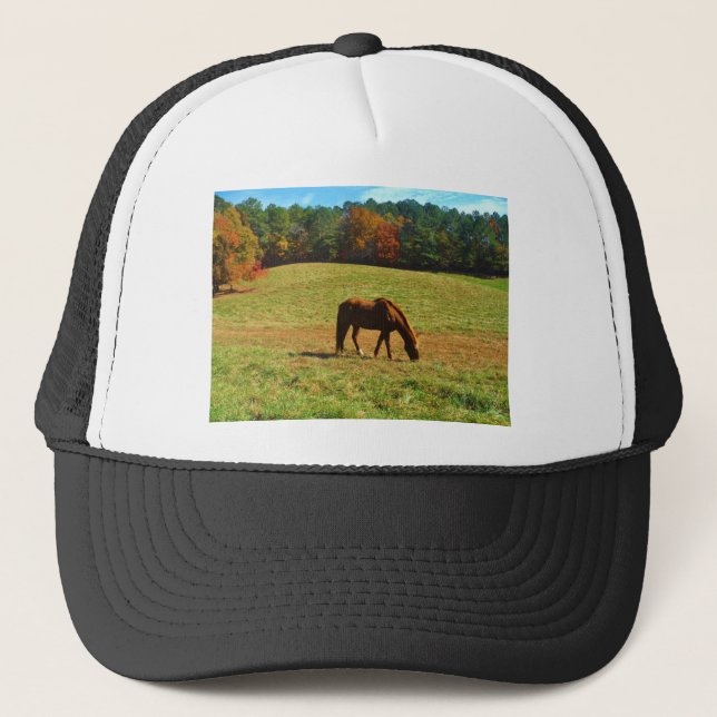 Red Brown horse in the  autumn trees Trucker Hat (Front)