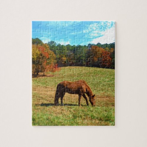 Red  Brown horse Teal Blue sky Jigsaw Puzzle