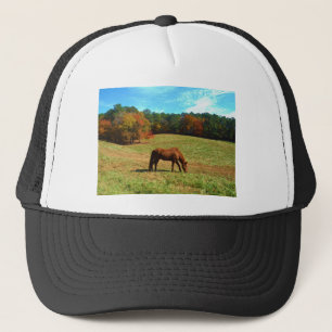 Red Brown horse, Teal Blue sky Trucker Hat