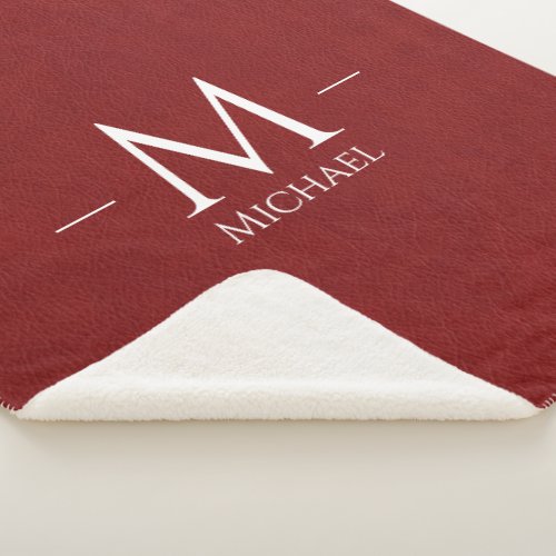 Red Brown Leather Look Custom Monogram Name Sherpa Blanket