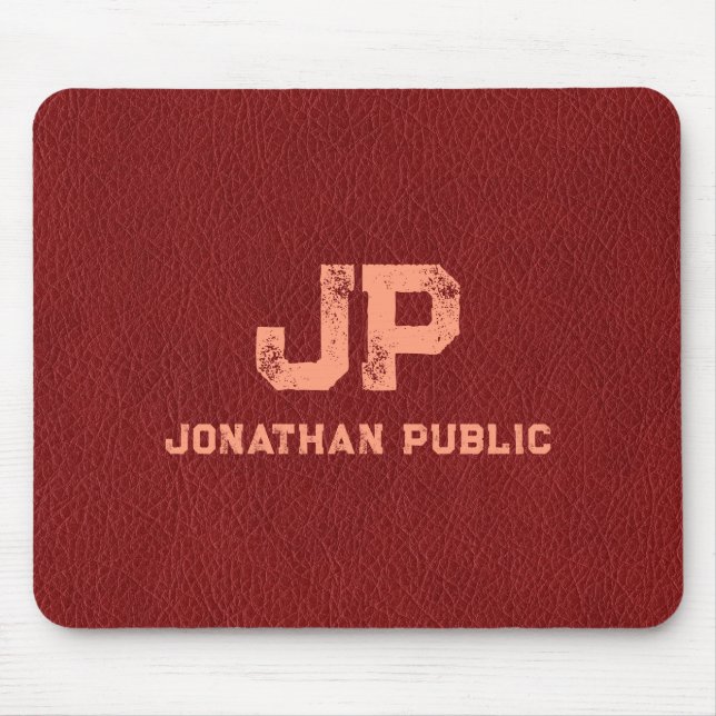 Red Brown Leather Look Distressed Monogram Name Mouse Pad (Front)