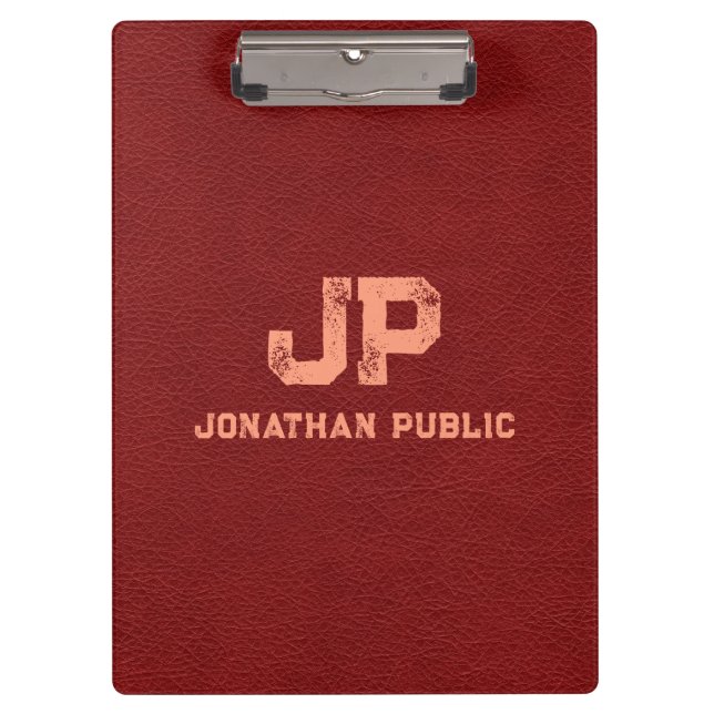Red Brown Leather Look Distressed Name Monogram Clipboard (Front)