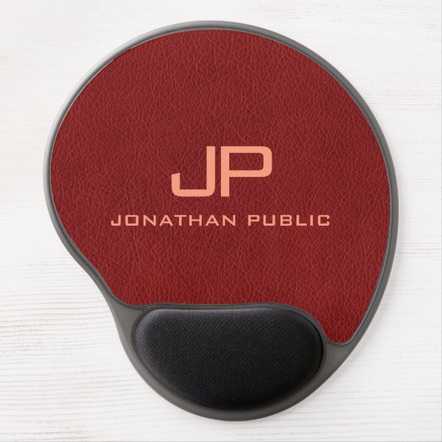 Red Brown Leather Look Monogram Name Template Gel Mouse Pad (Front)