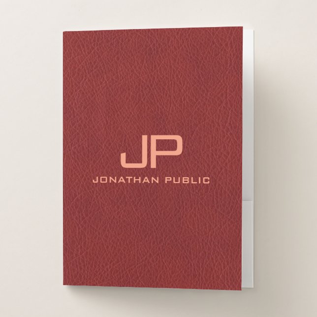 Red Brown Leather Look Name Monogram Template Pocket Folder (Front)