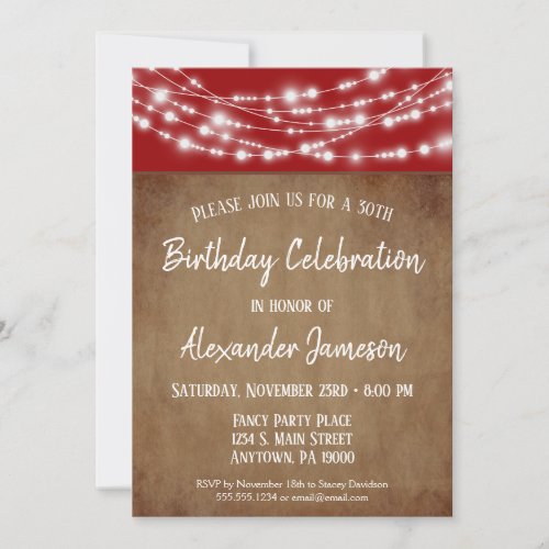 Red Brown Lights Birthday Party Invitation Adult